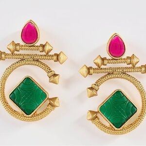 Gold Earrings with Pink and Green Accents